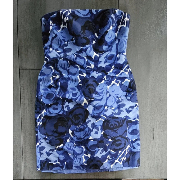 Anne Taylor Size 6 Blue Floral Lined Strapless Dress Mini - Picture 3 of 10